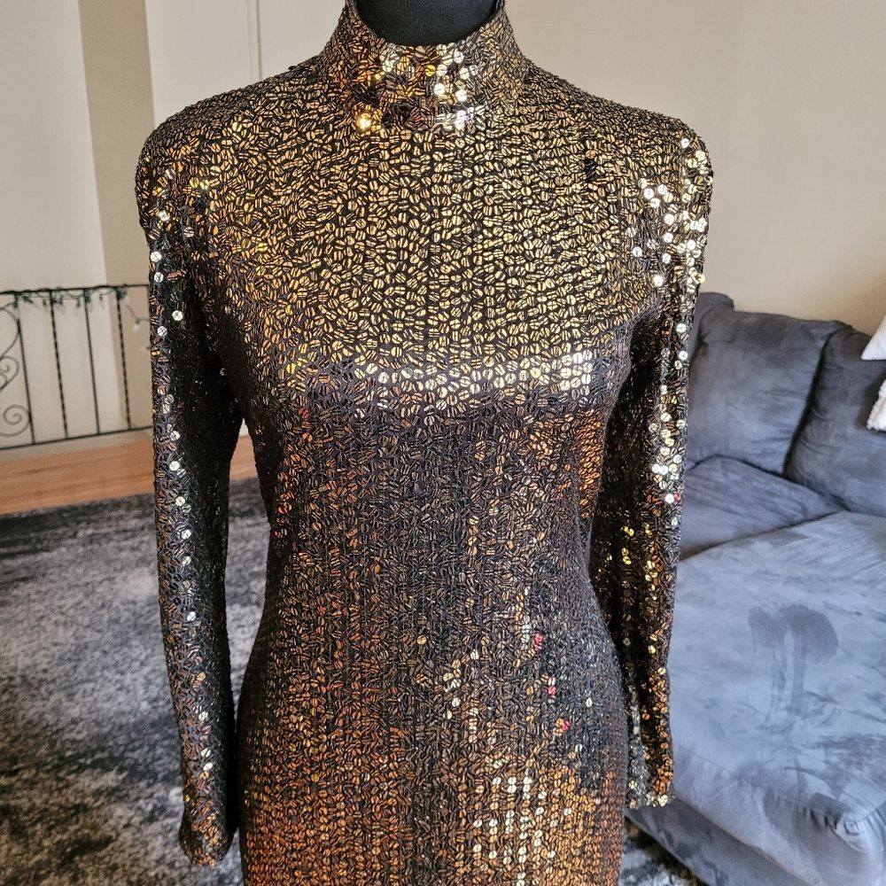 Vintage Sequin Long Sleeve Midi Dress - Gold - Size 8 - Picture 14 of 16